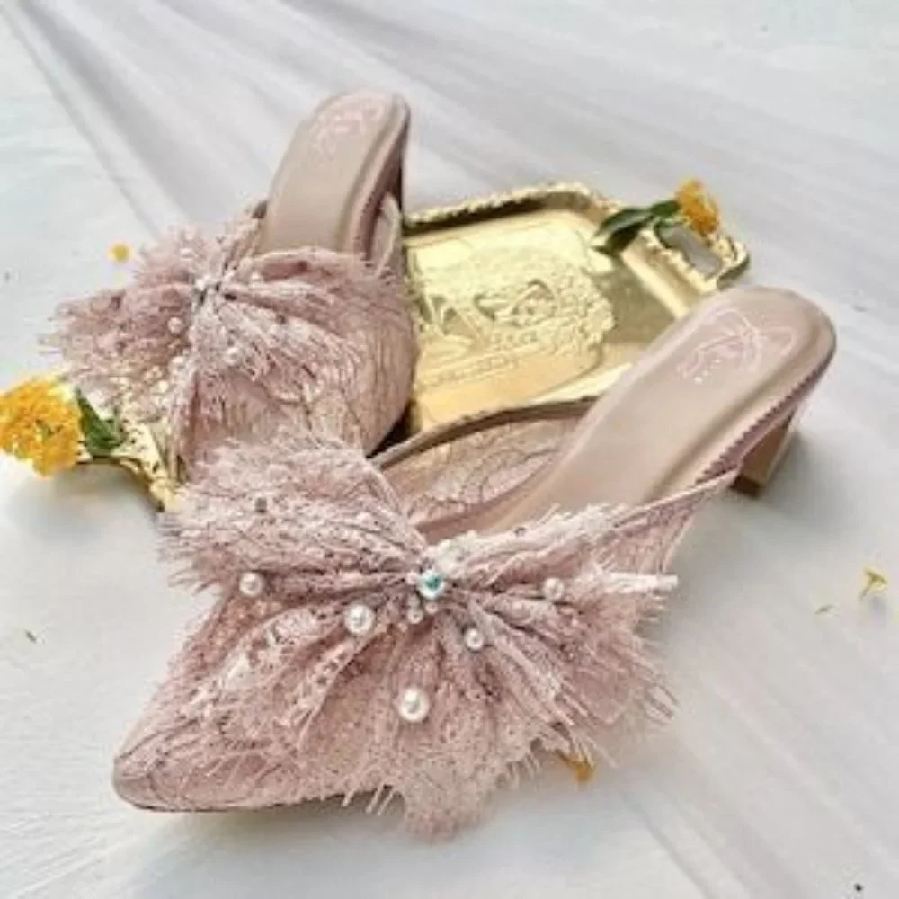 Rose Gold Pink Lace Shoes ( Mule) Only Shoes in this listing... - Picture 1 of 7